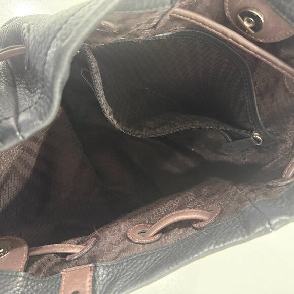 Cole Haan Black Brown Pebbled Leather Tassel Drawstring Bucket Bag Purse - Picture 9 of 12